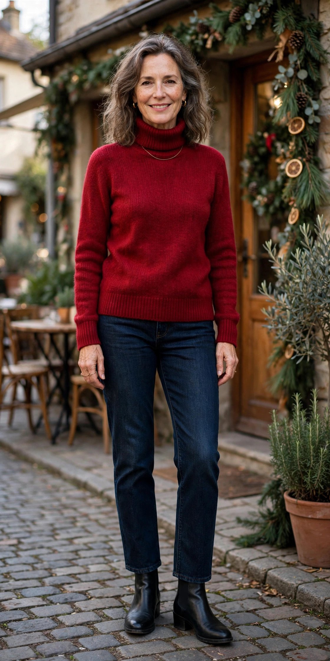 Woman in a classic red turtleneck with dark straight jeans