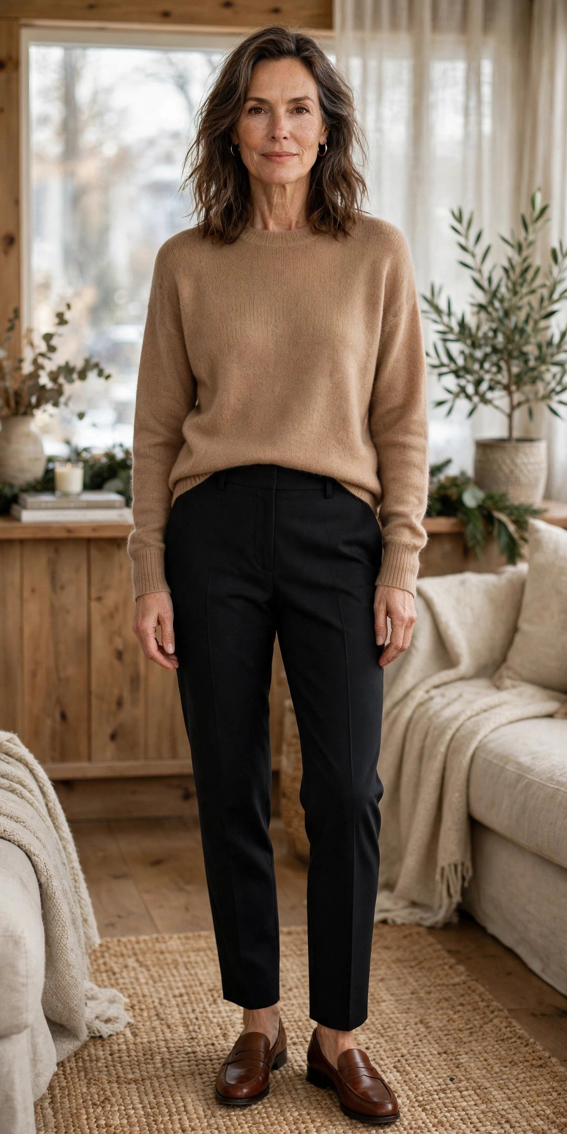 Woman in a camel cashmere sweater with black trousers