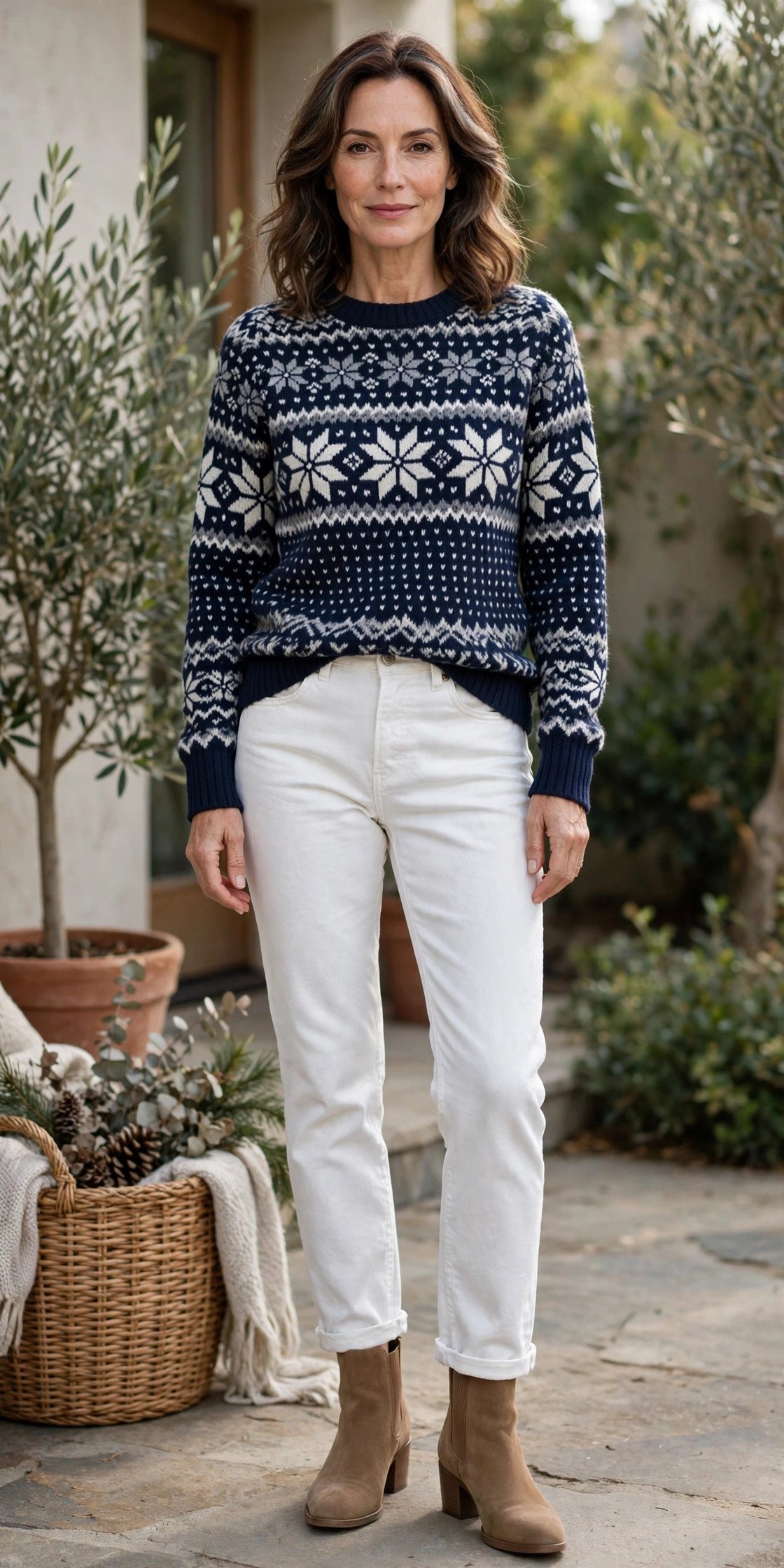 Woman in a navy fair isle sweater with white jeans