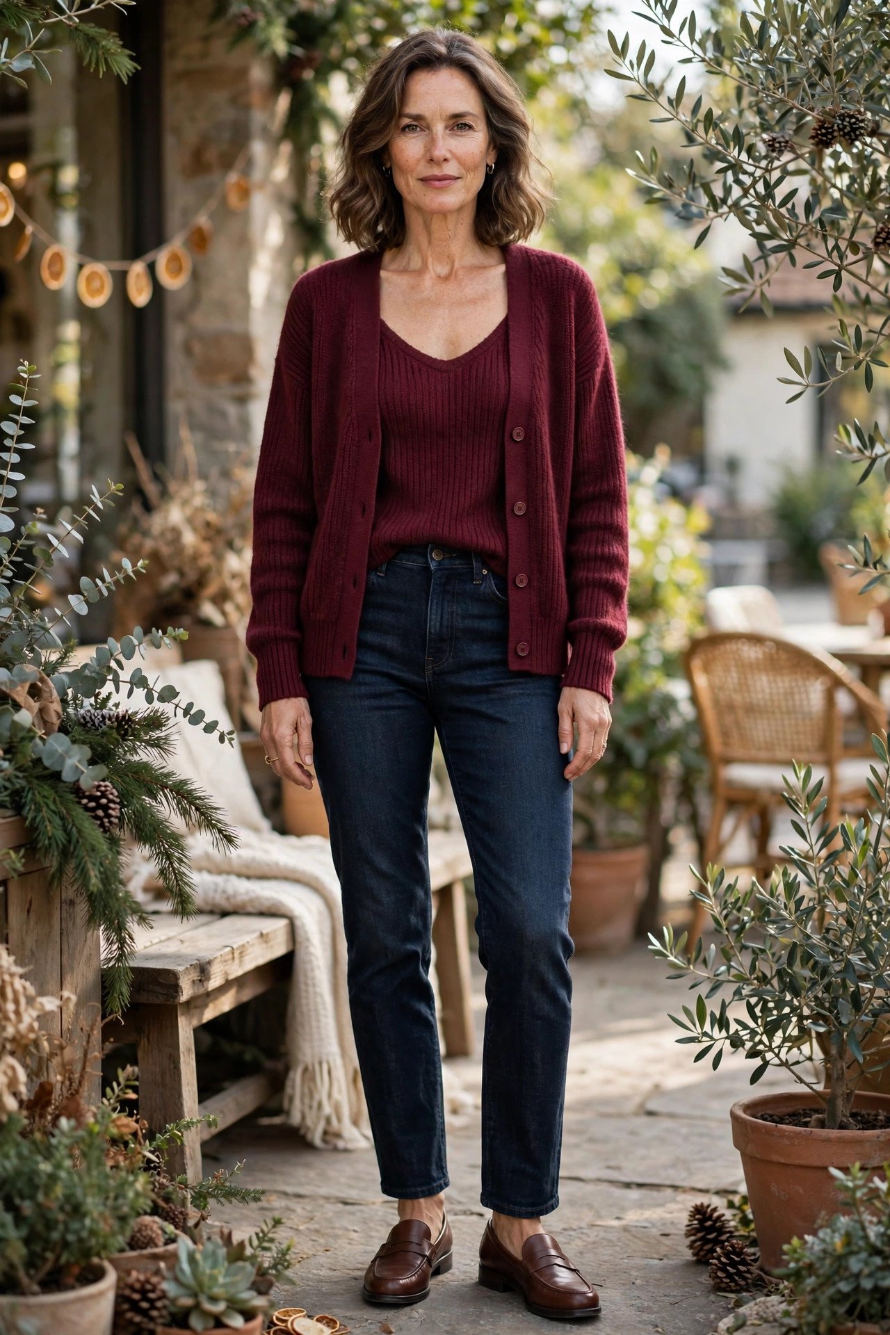 Woman in a burgundy cardigan set with dark denim