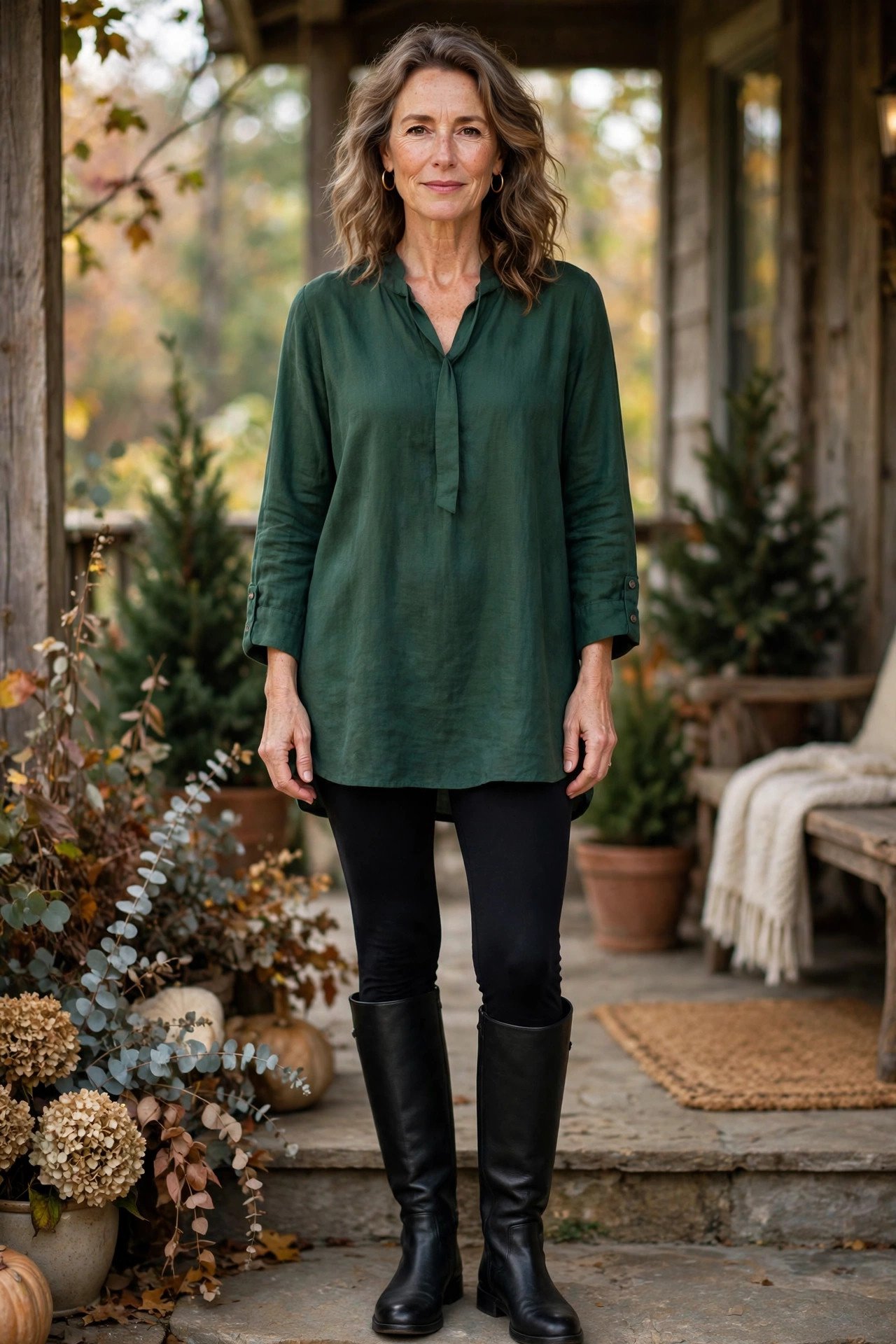Woman in a forest green tunic with black leggings