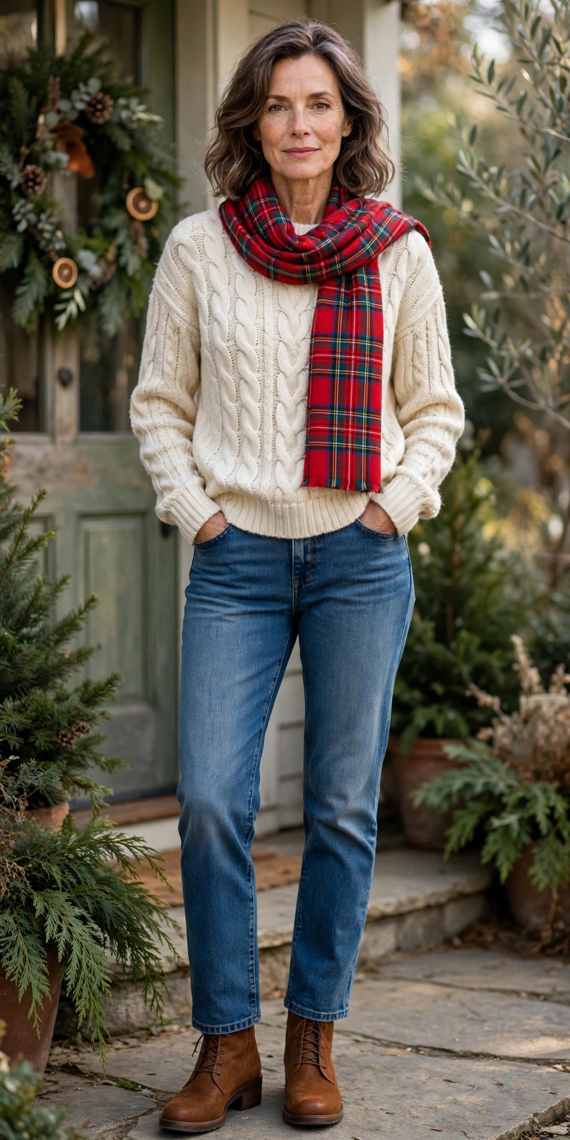 Woman in a cream cable knit with a plaid scarf and jeans
