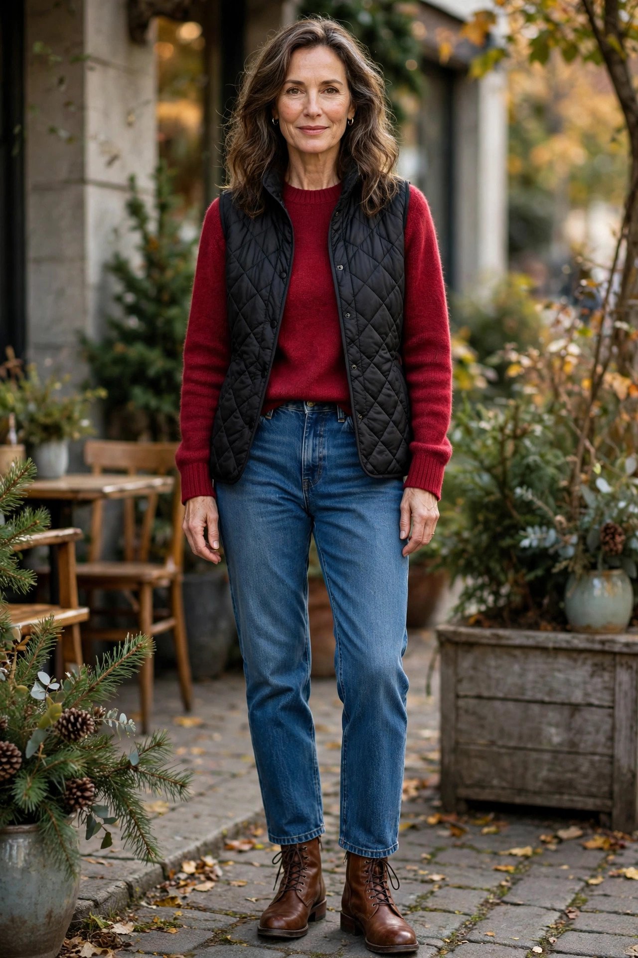 Woman in a black quilted vest with a cranberry sweater and jeans