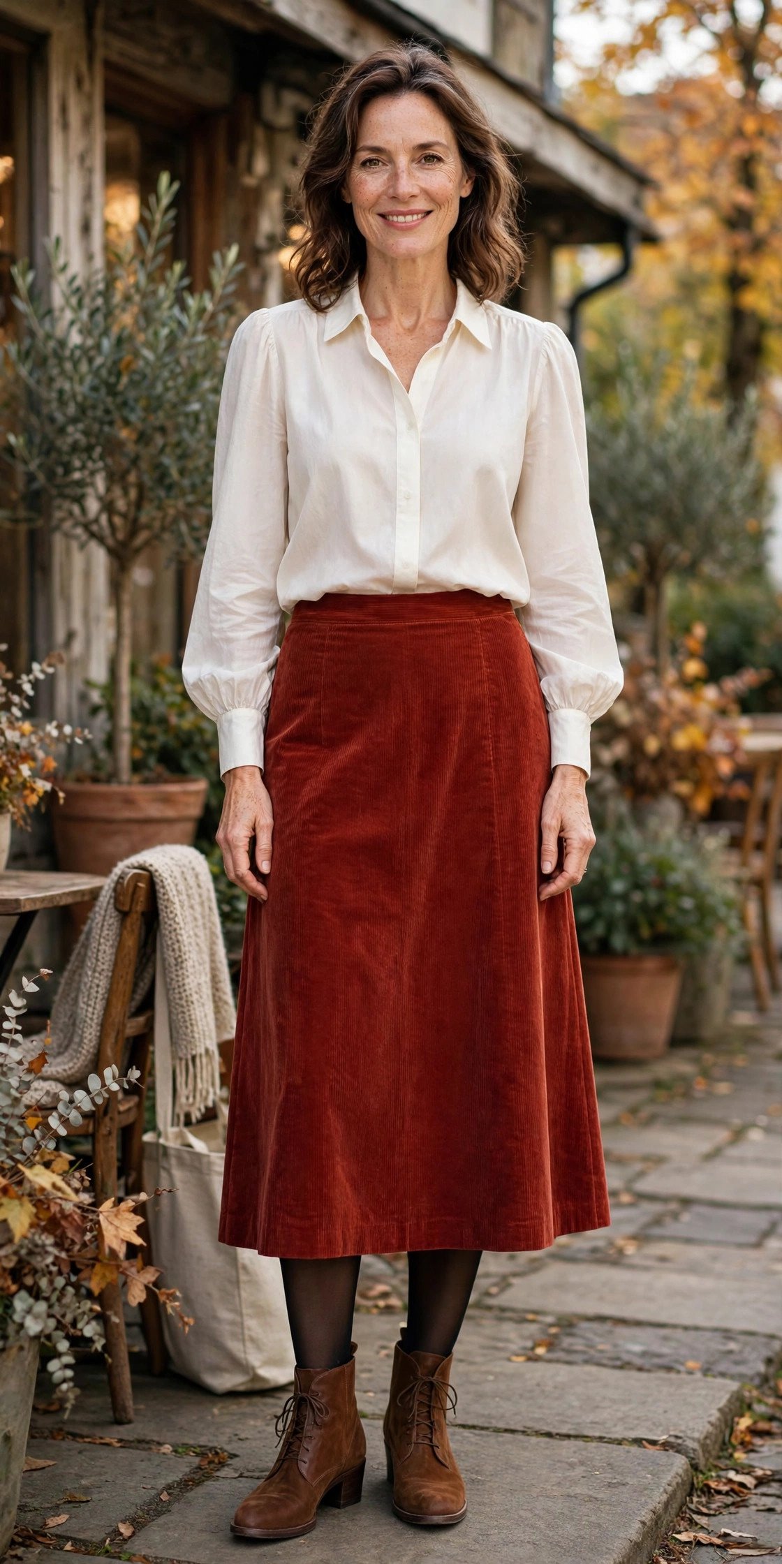 Woman in an ivory blouse with a red corduroy skirt