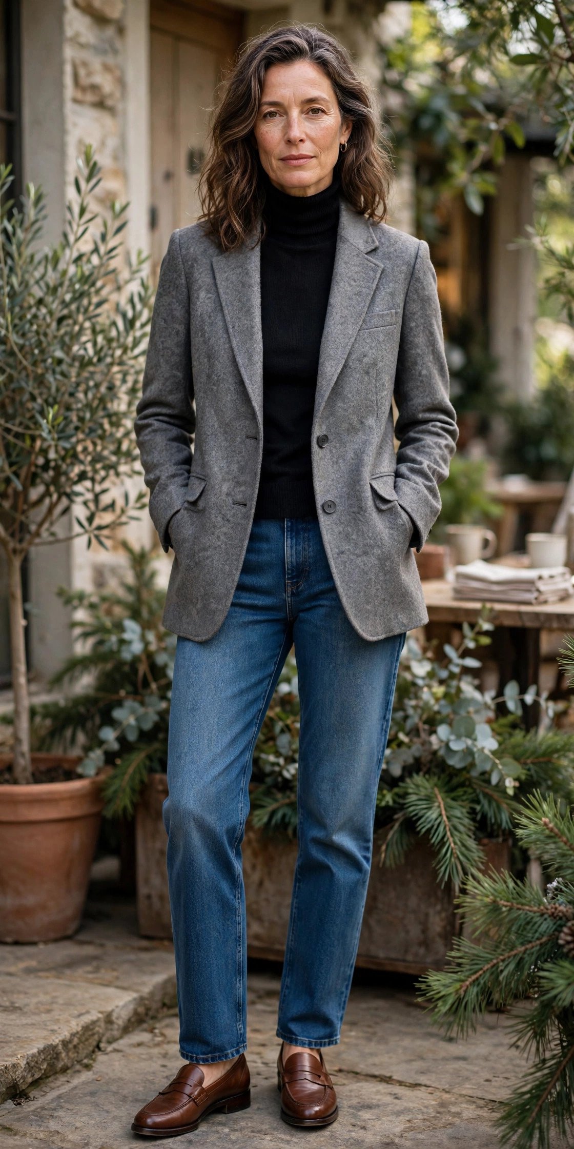 Woman in a gray wool blazer with a black turtleneck and jeans