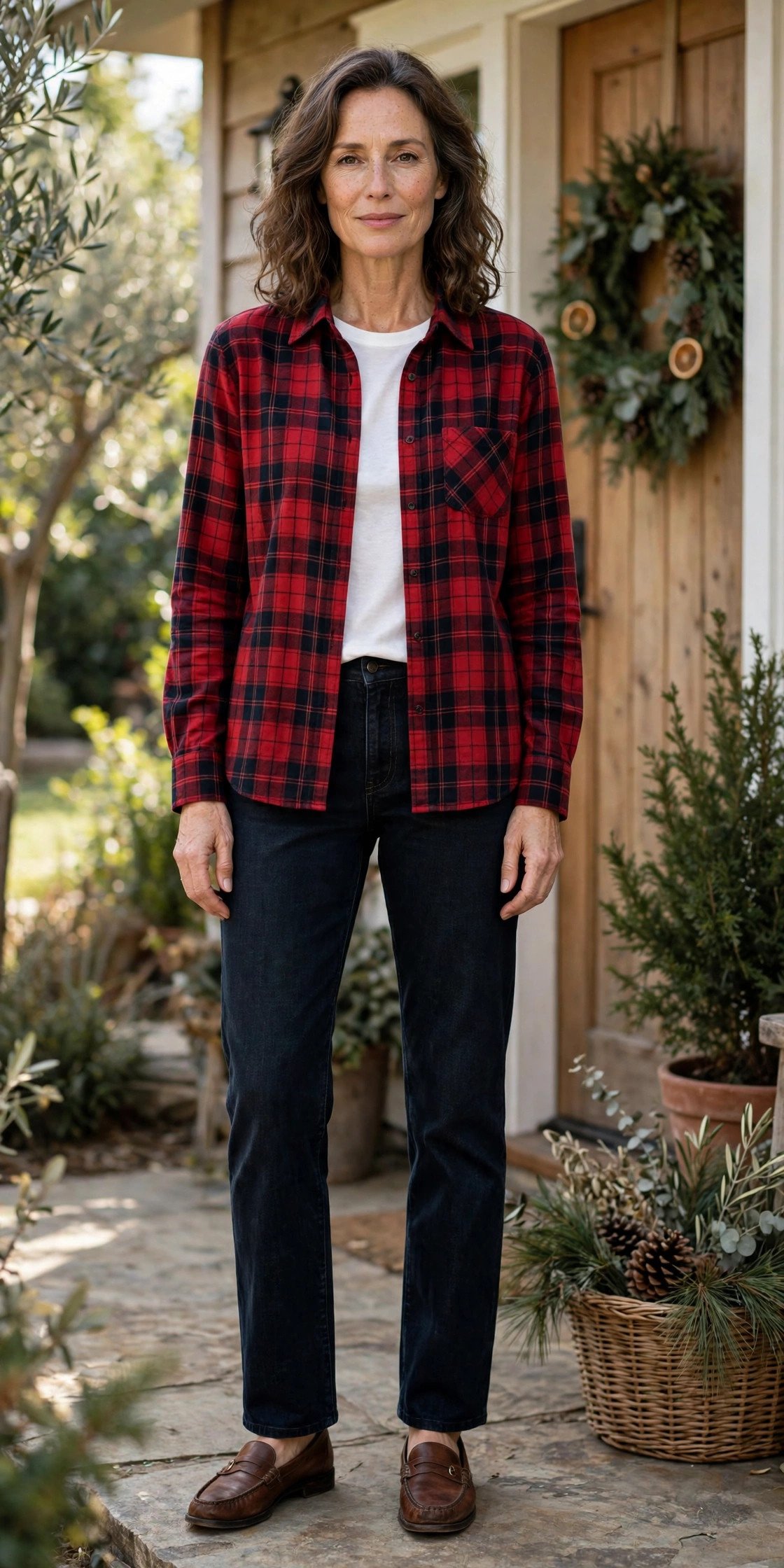 Woman in plaid flannel with dark jeans and loafers