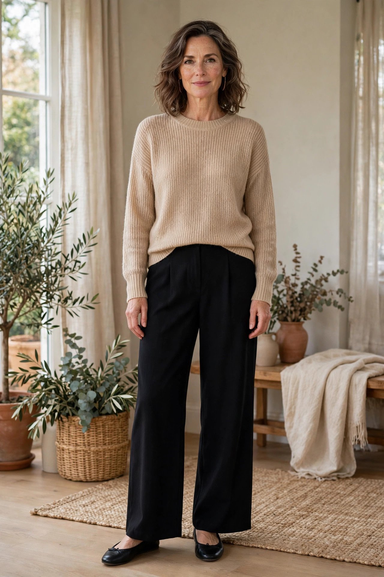 Woman in a champagne knit top with black wide-leg pants