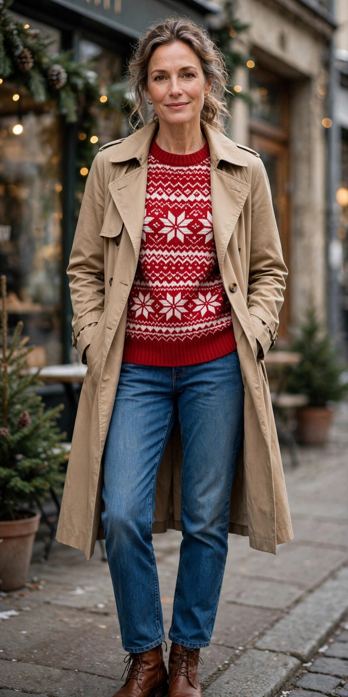 Woman in a tan trench coat with a holiday sweater and jeans