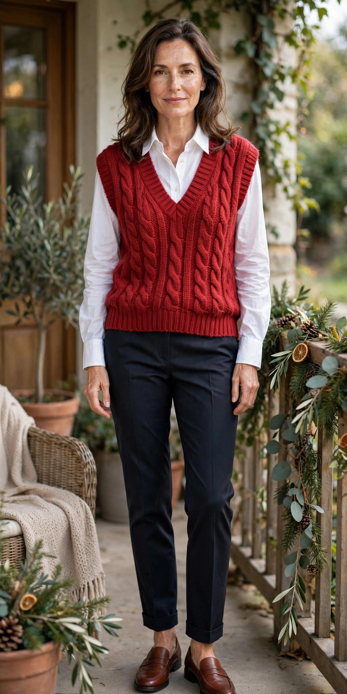 Woman in a white button-down with a red knit vest and trousers