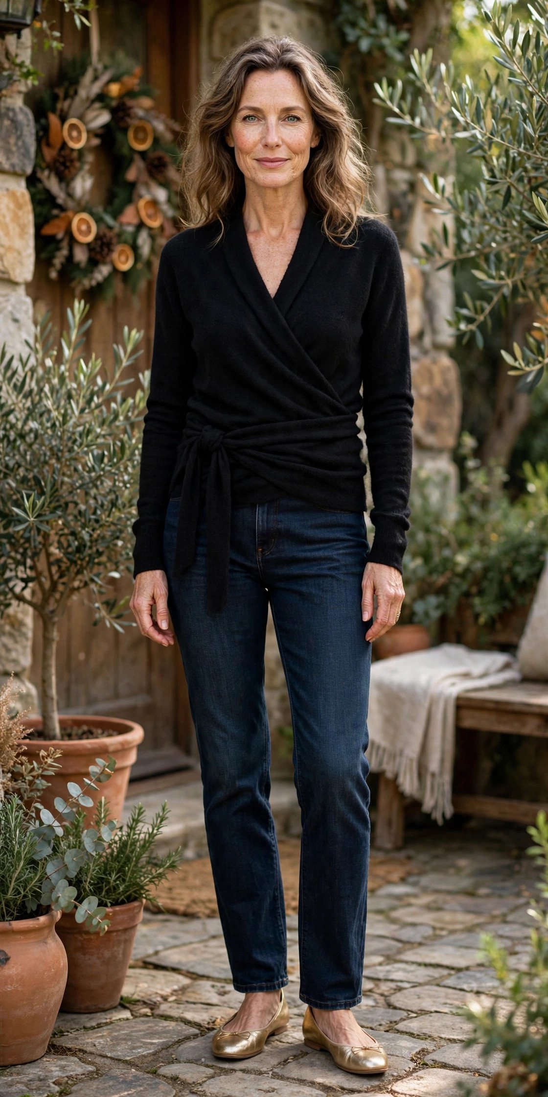 Woman in a black cashmere wrap with dark jeans and gold flats