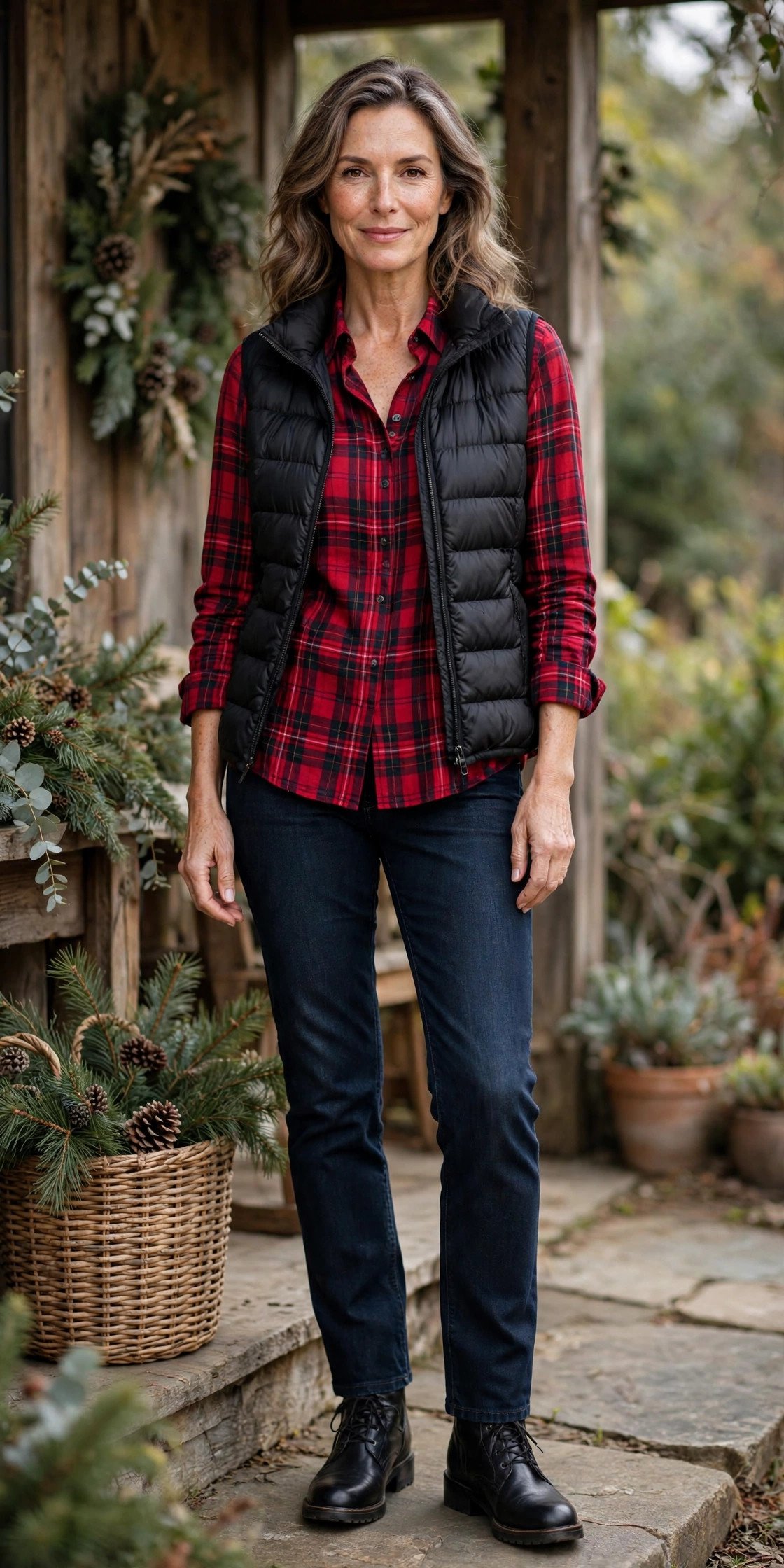 Woman in a cranberry plaid shirt with a black puffer vest