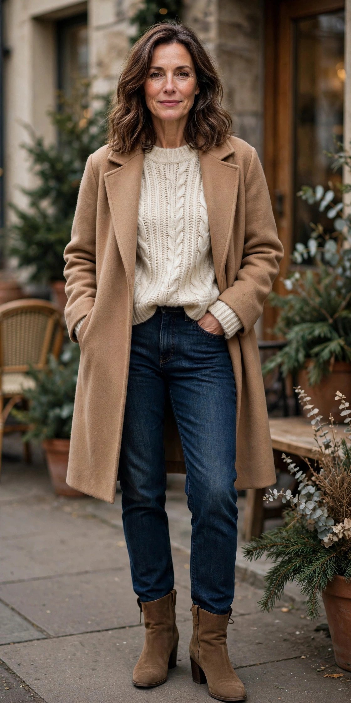 Woman in an oatmeal sweater with a camel coat and dark denim