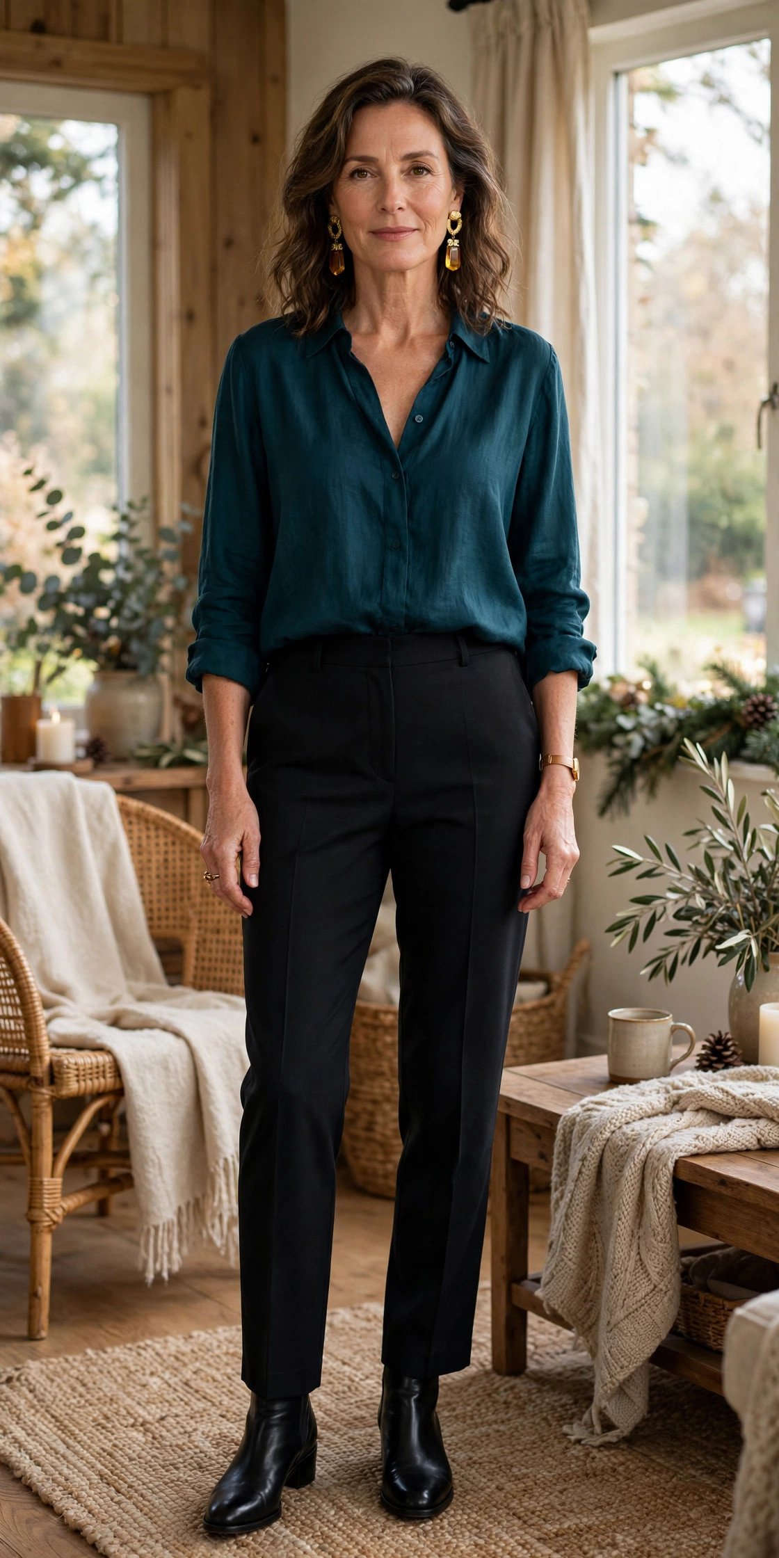 Woman in a deep teal blouse with black pants and statement earrings
