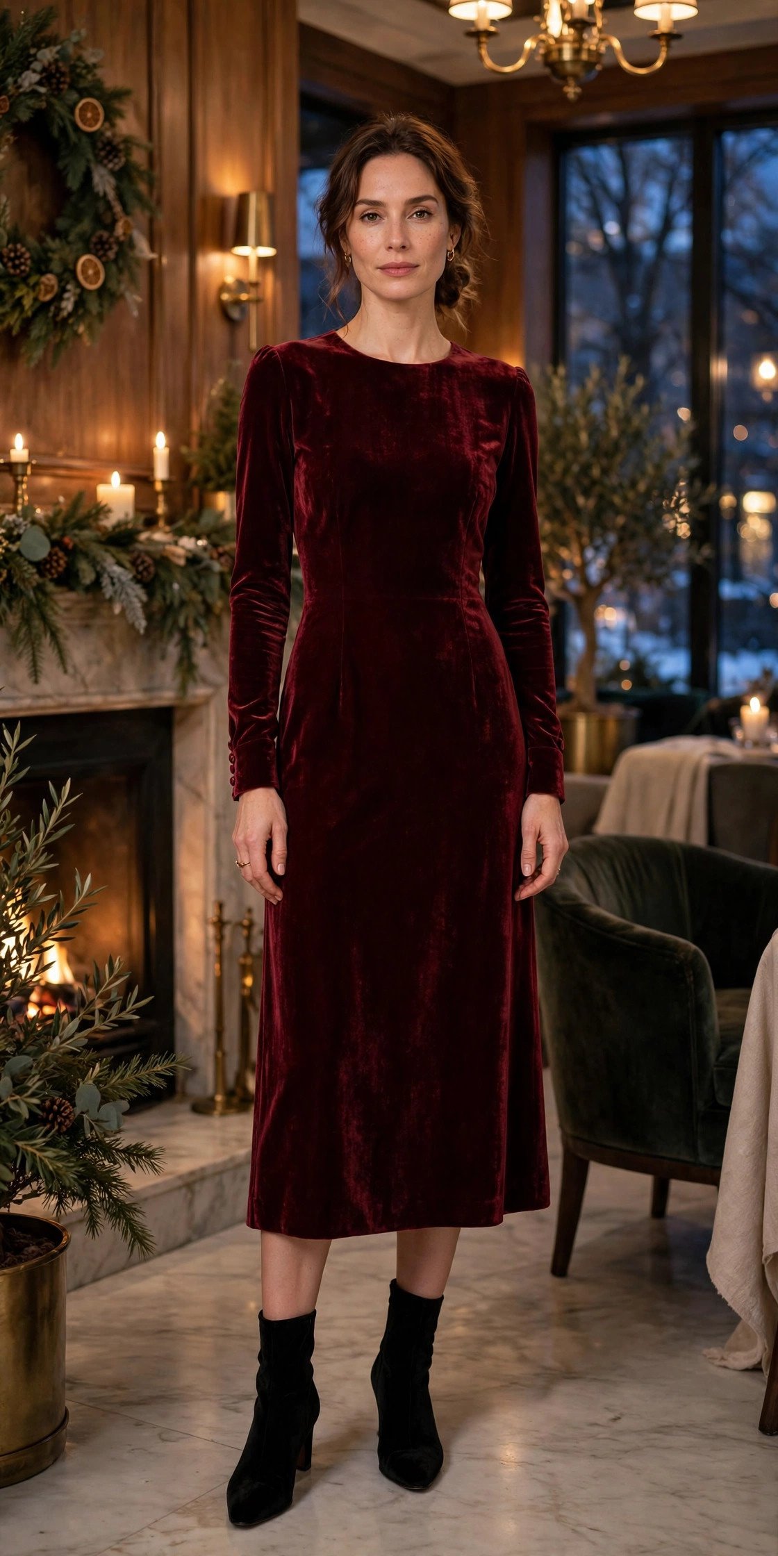 Woman in burgundy velvet winter dress
