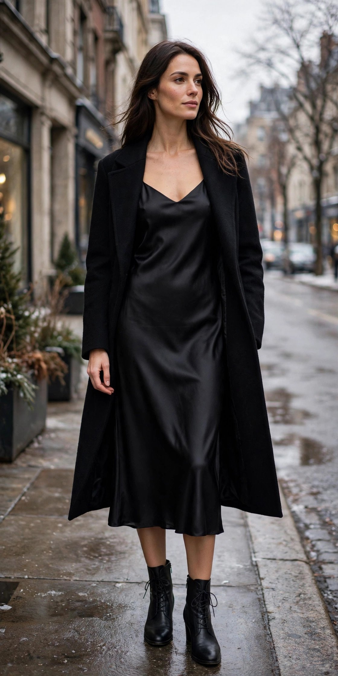 Woman in black satin slip dress with winter coat