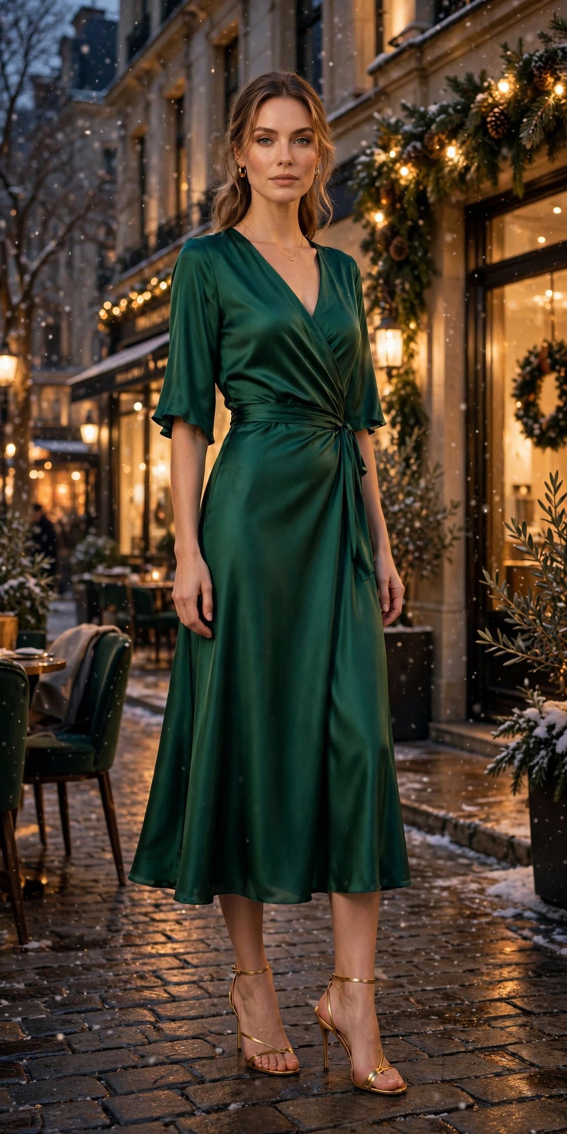 Woman in emerald silk midi dress