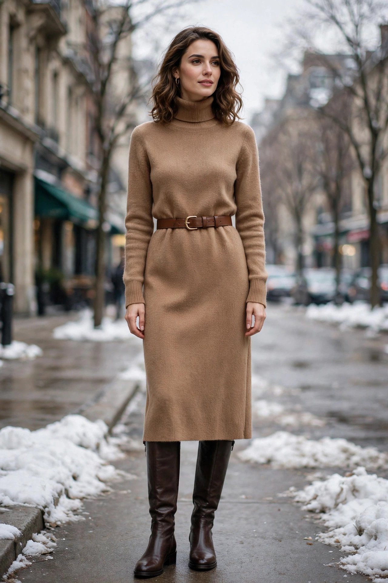 Woman in camel turtleneck sweater dress