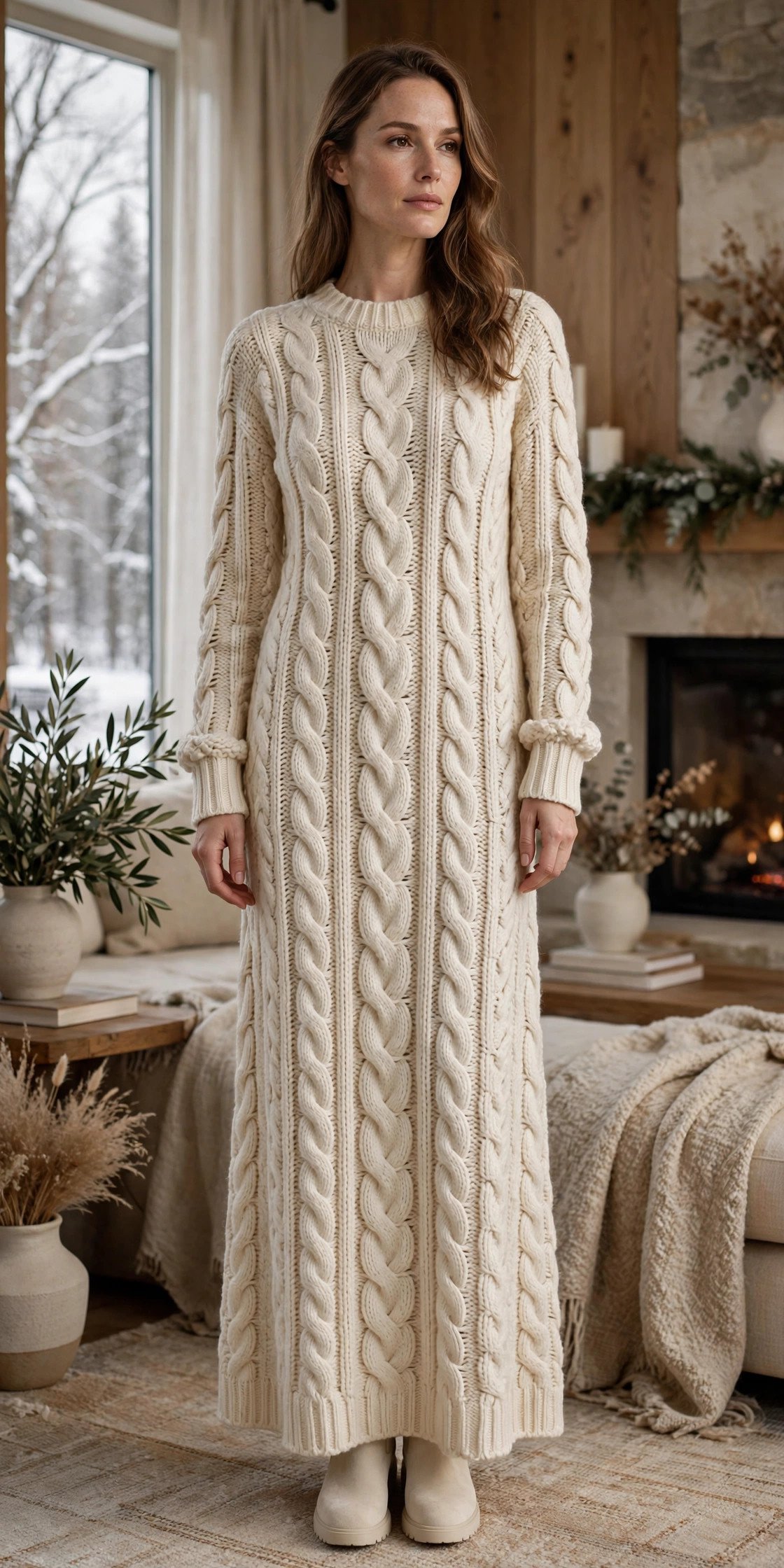 Woman in cream cable-knit maxi dress