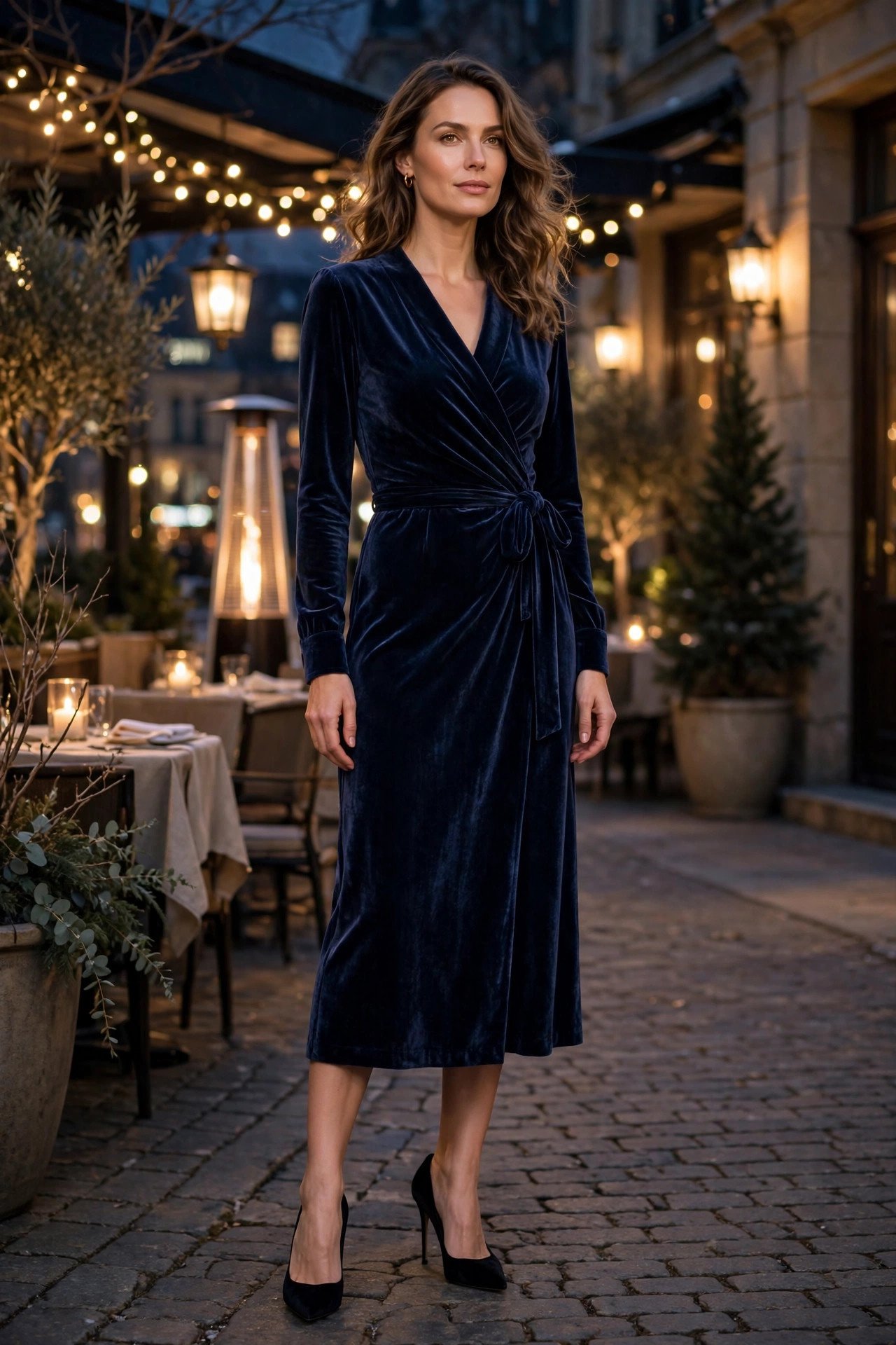 Woman in navy velvet wrap dress