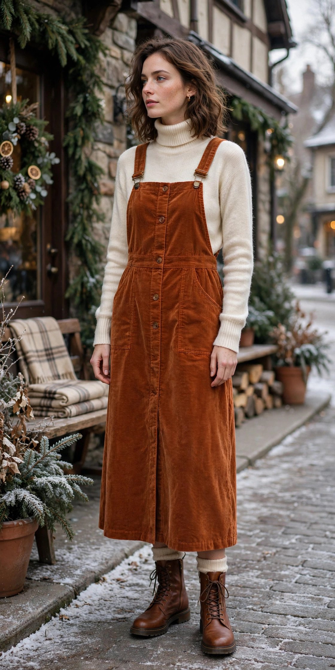 Woman in rust corduroy pinafore dress with turtleneck