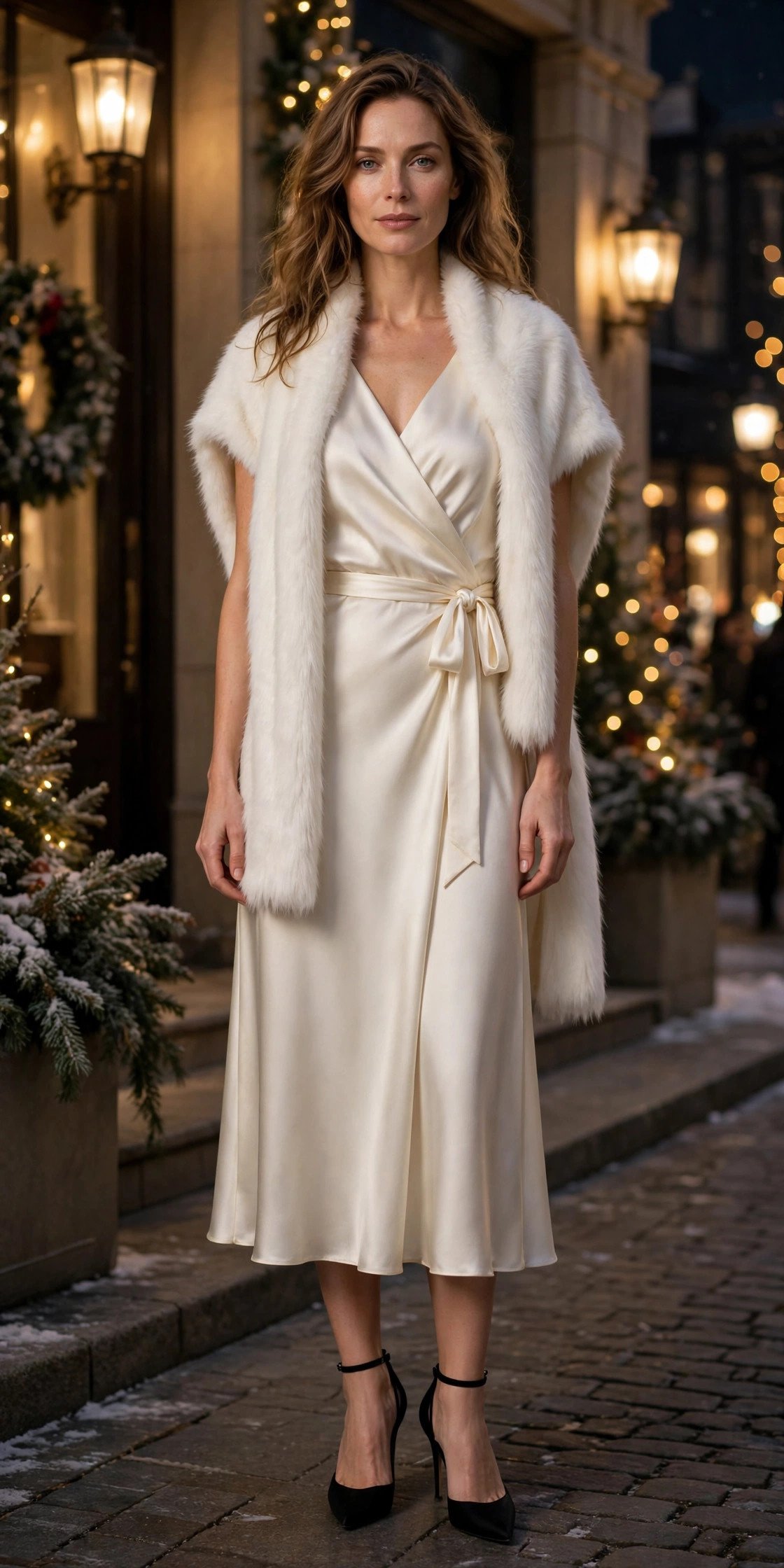 Woman in ivory silk wrap dress