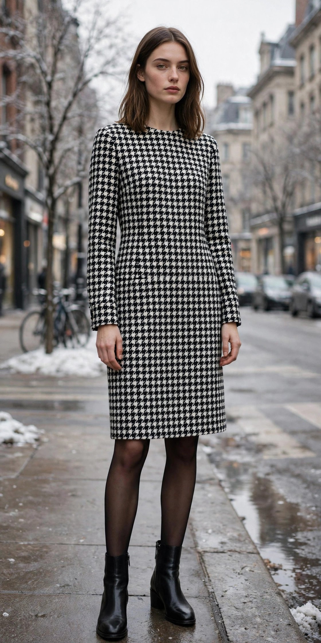 Woman in houndstooth wool shift dress