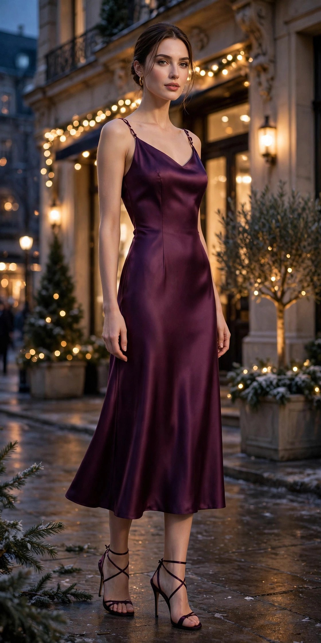 Woman in plum satin midi dress