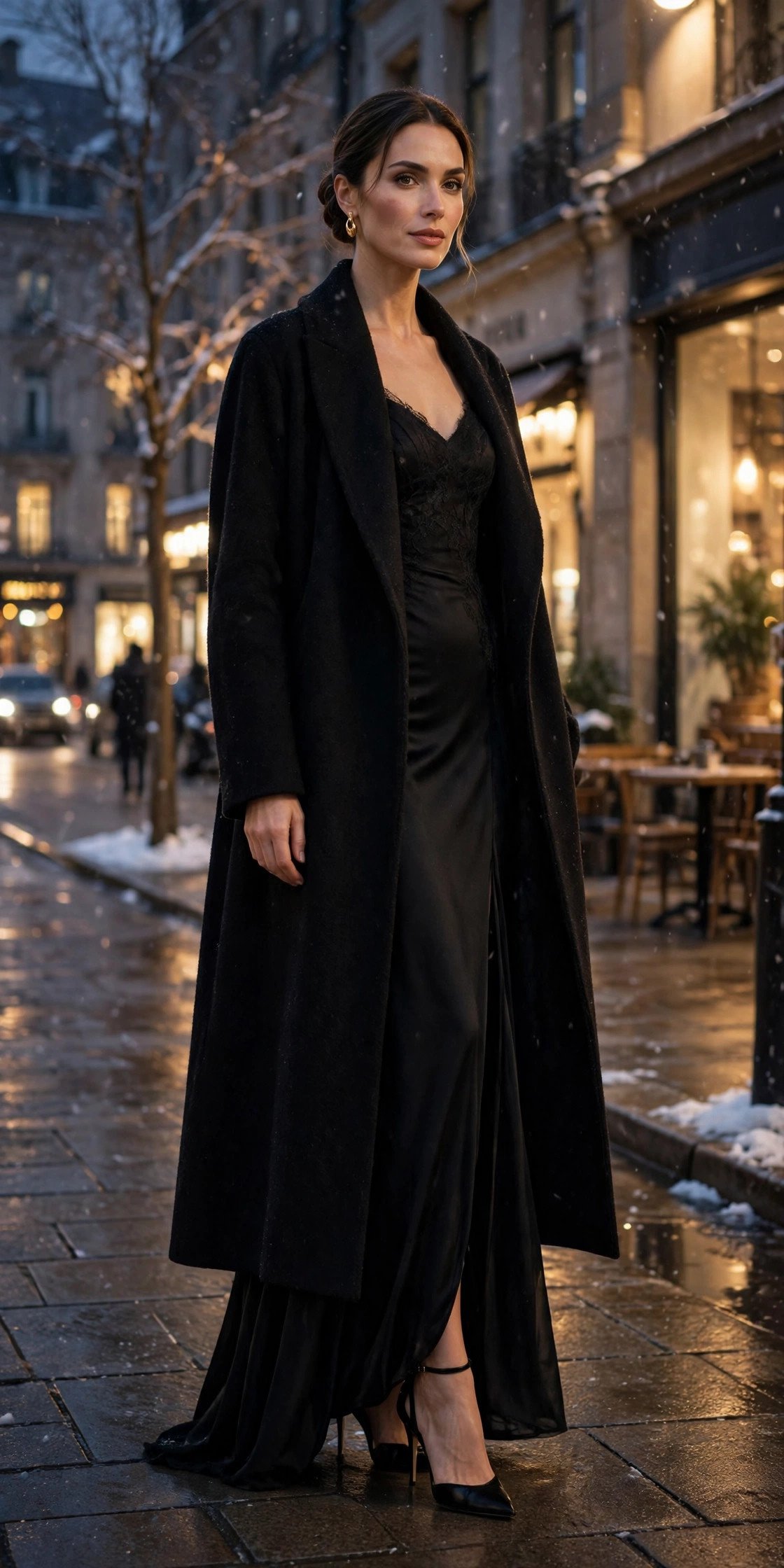 Woman in black evening dress with long wool coat