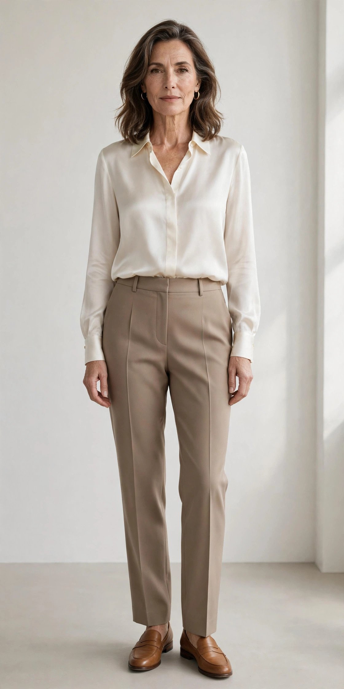Ivory silk blouse with cropped trousers