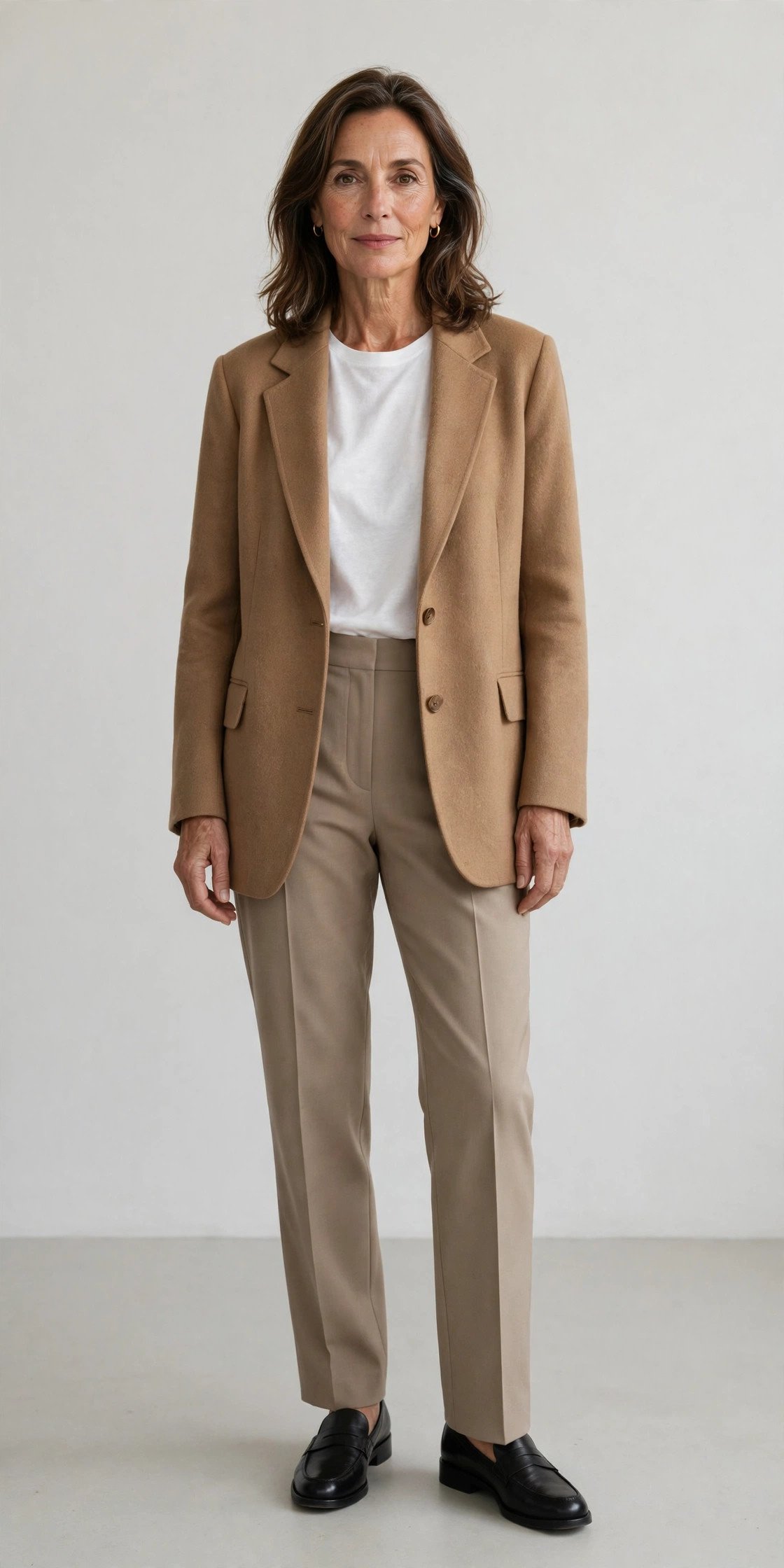 Relaxed camel blazer work outfit