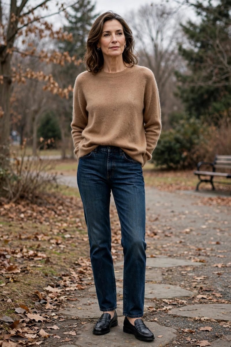 Woman over 40 in dark-wash jeans, cashmere sweater and loafers