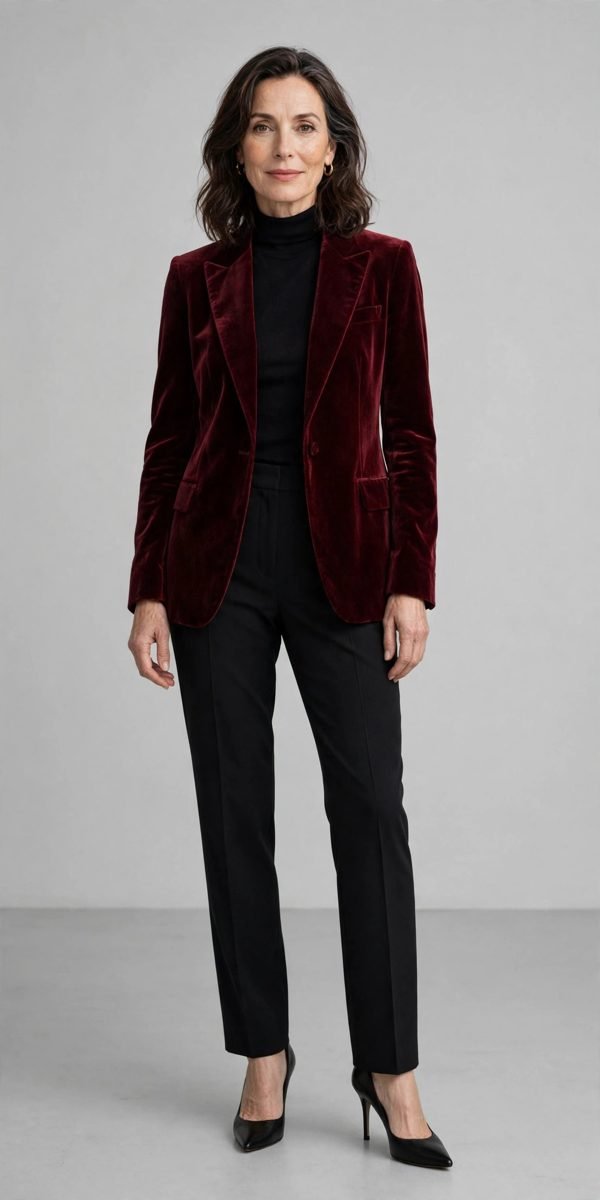 Woman over 40 in burgundy velvet blazer with black trousers