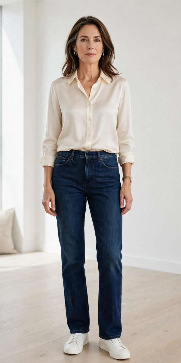 Woman over 40 in cream silk shirt with dark jeans