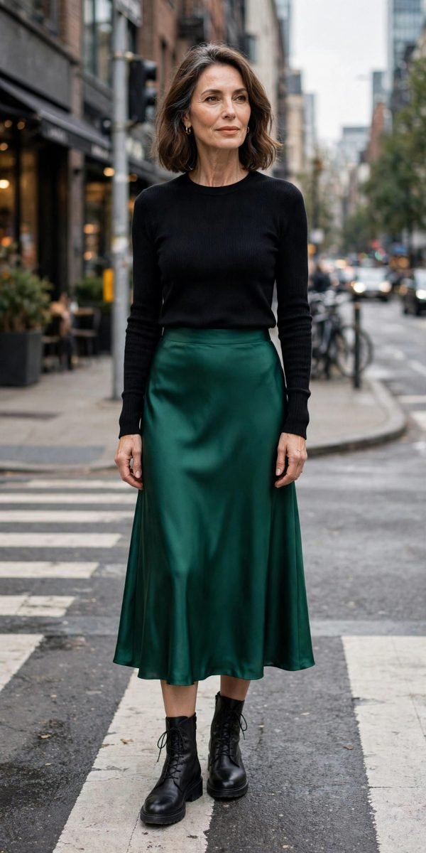 Woman over 40 in emerald midi skirt with black knit