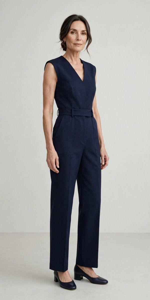 Woman over 40 in navy tailored jumpsuit with block heels