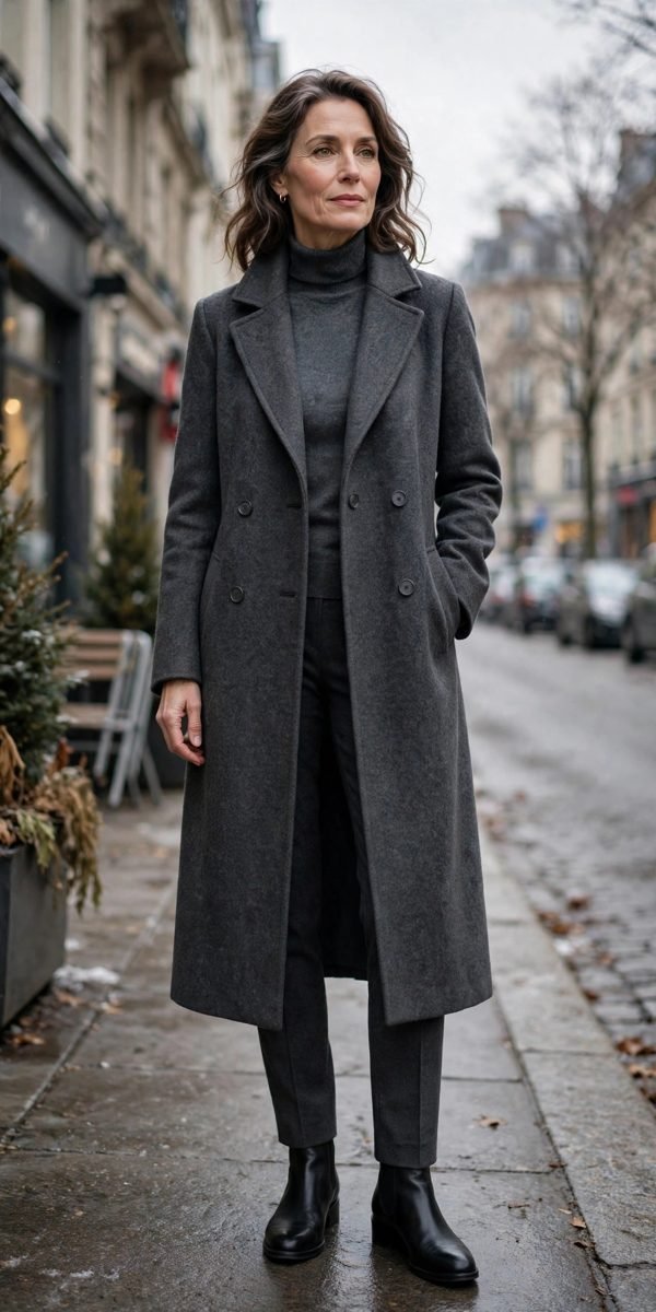 Woman over 40 in charcoal wool coat, turtleneck and slim trousers
