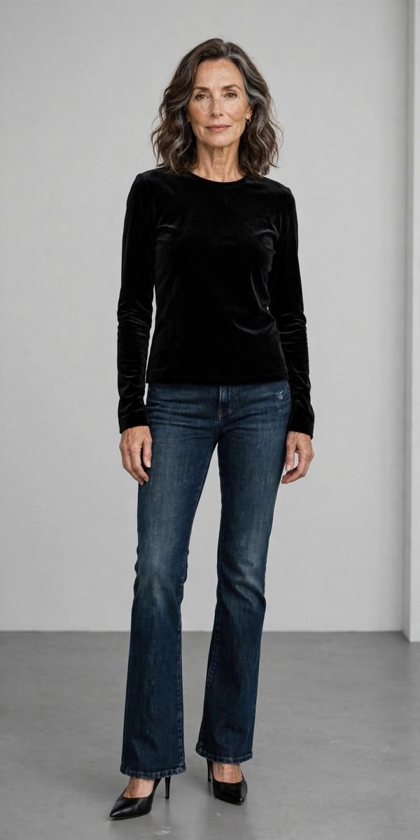 Woman over 40 in black velvet top with bootcut jeans