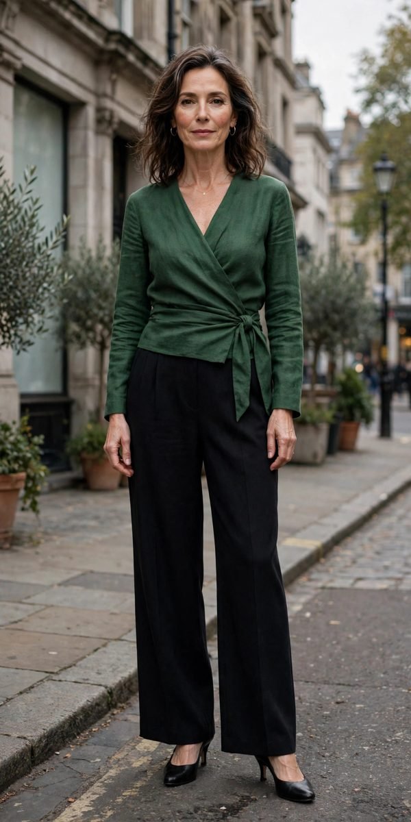 Woman over 40 in forest green wrap top with black wide-leg pants