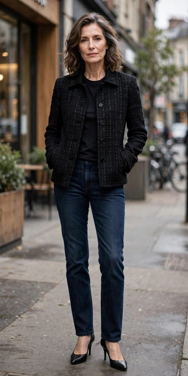 Woman over 40 in tweed jacket, black tee and dark jeans