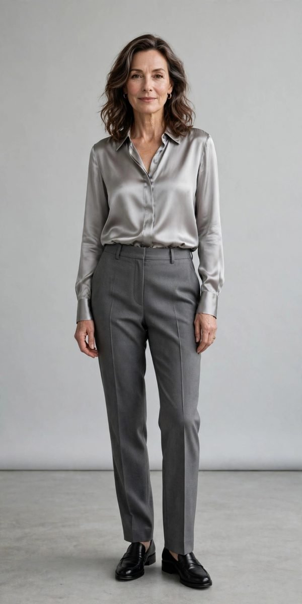 Woman over 40 in satin blouse with tailored grey trousers