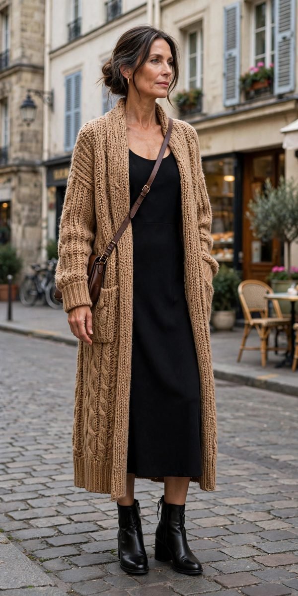 Woman over 40 in longline camel cardigan over black midi dress