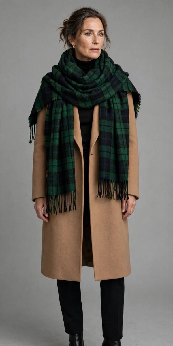 Woman over 40 in plaid wool scarf over monochrome layers