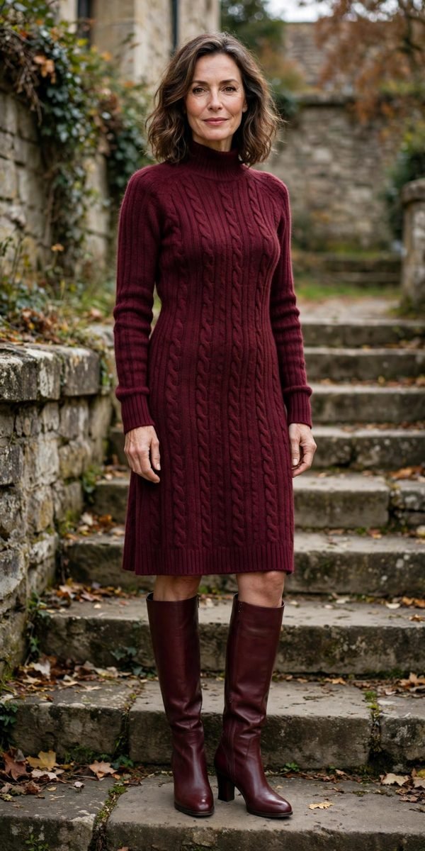 Woman over 40 in burgundy knit dress with knee-high boots