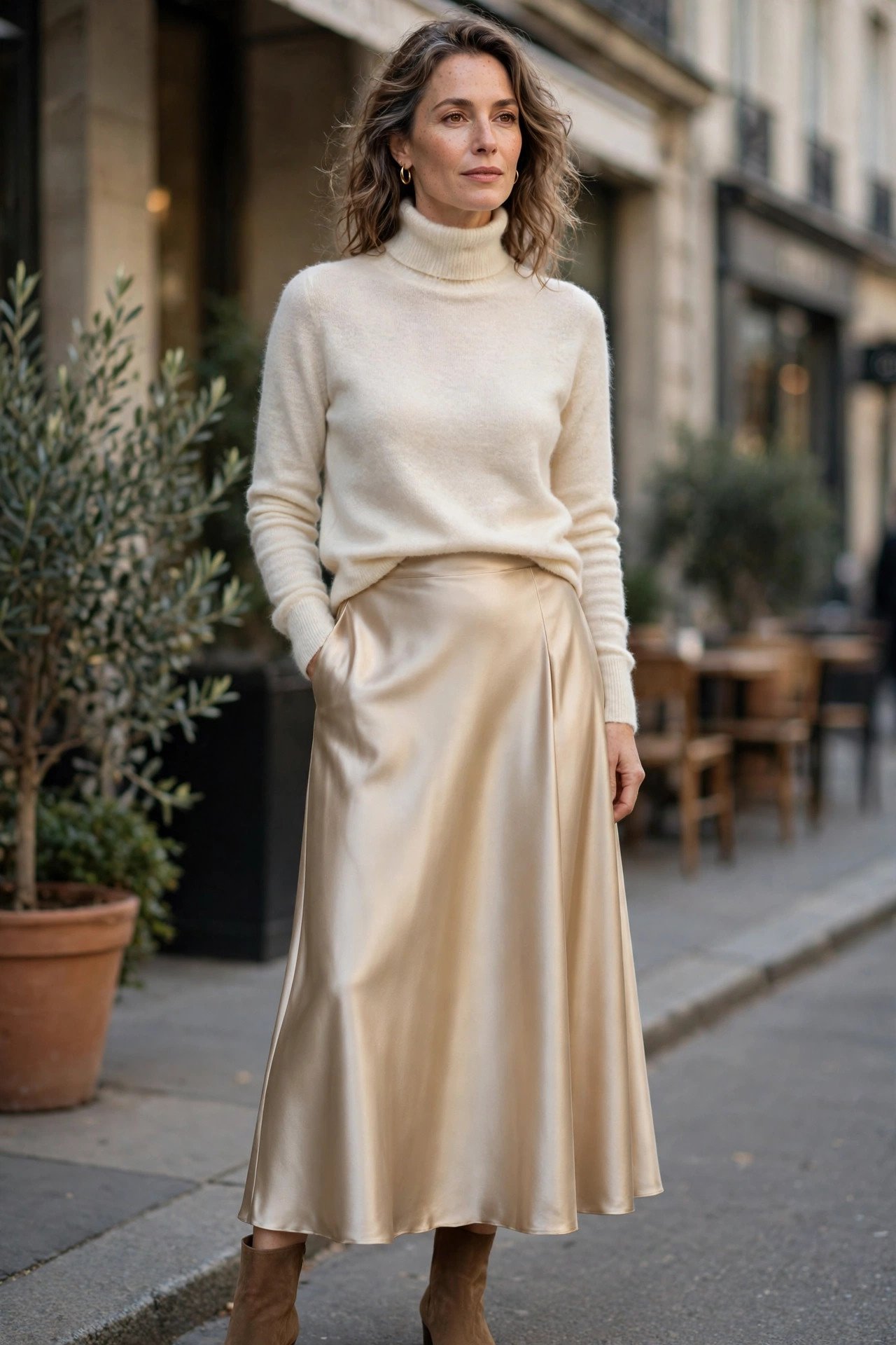 Woman over 40 in cashmere turtleneck and satin midi skirt