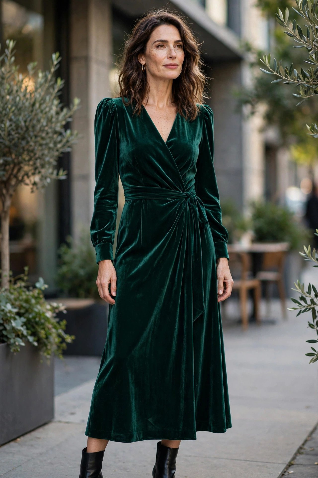 Woman over 40 in velvet midi dress