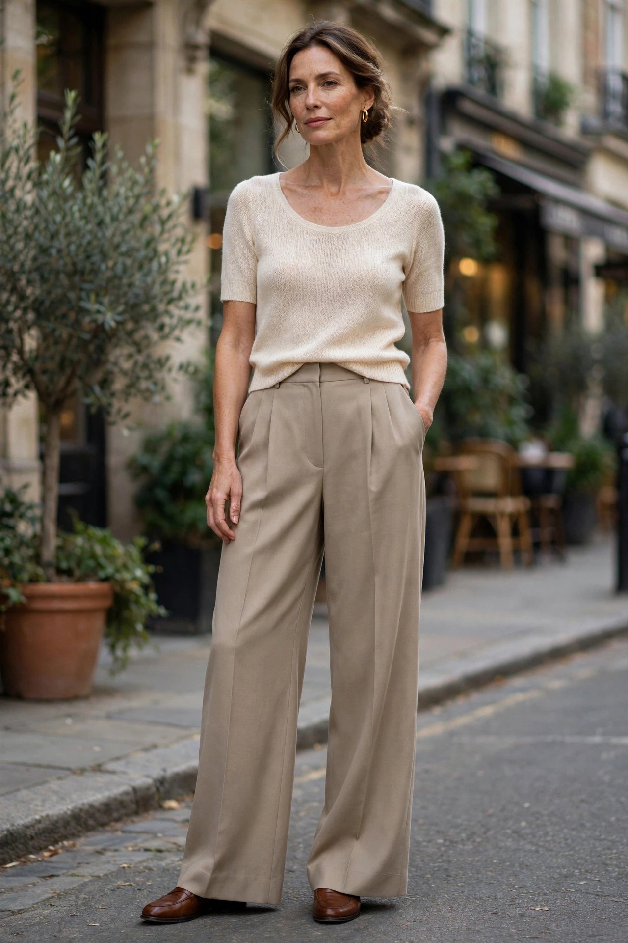Woman over 40 in wide-leg trousers and cashmere sweater