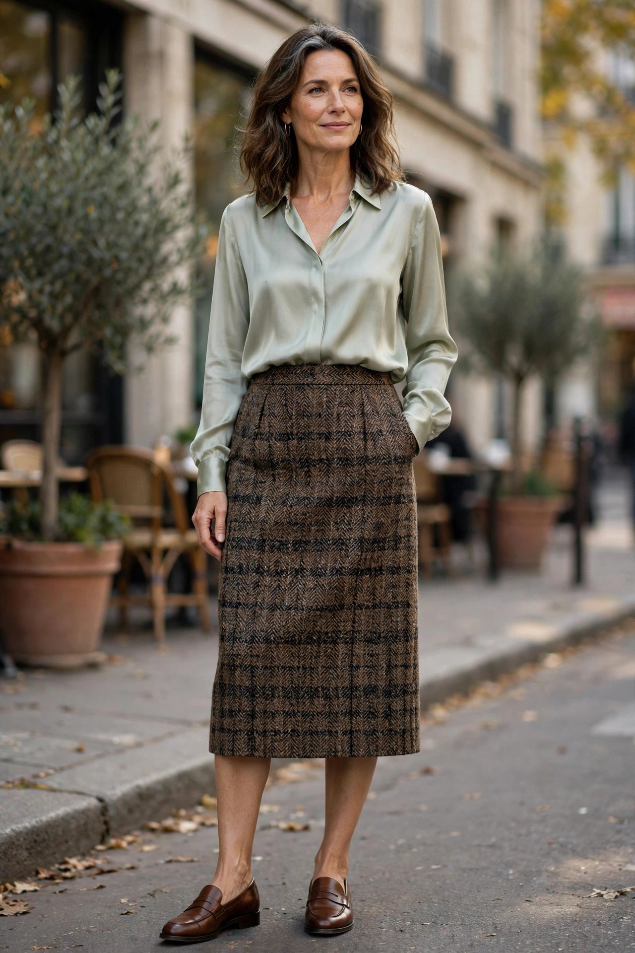 Woman over 40 in silk blouse and tweed skirt