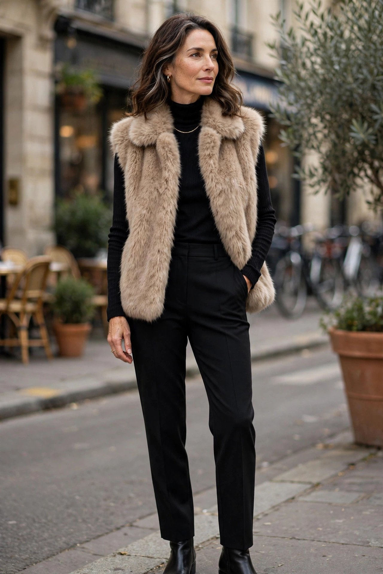Woman over 40 in faux fur vest and dark jeans