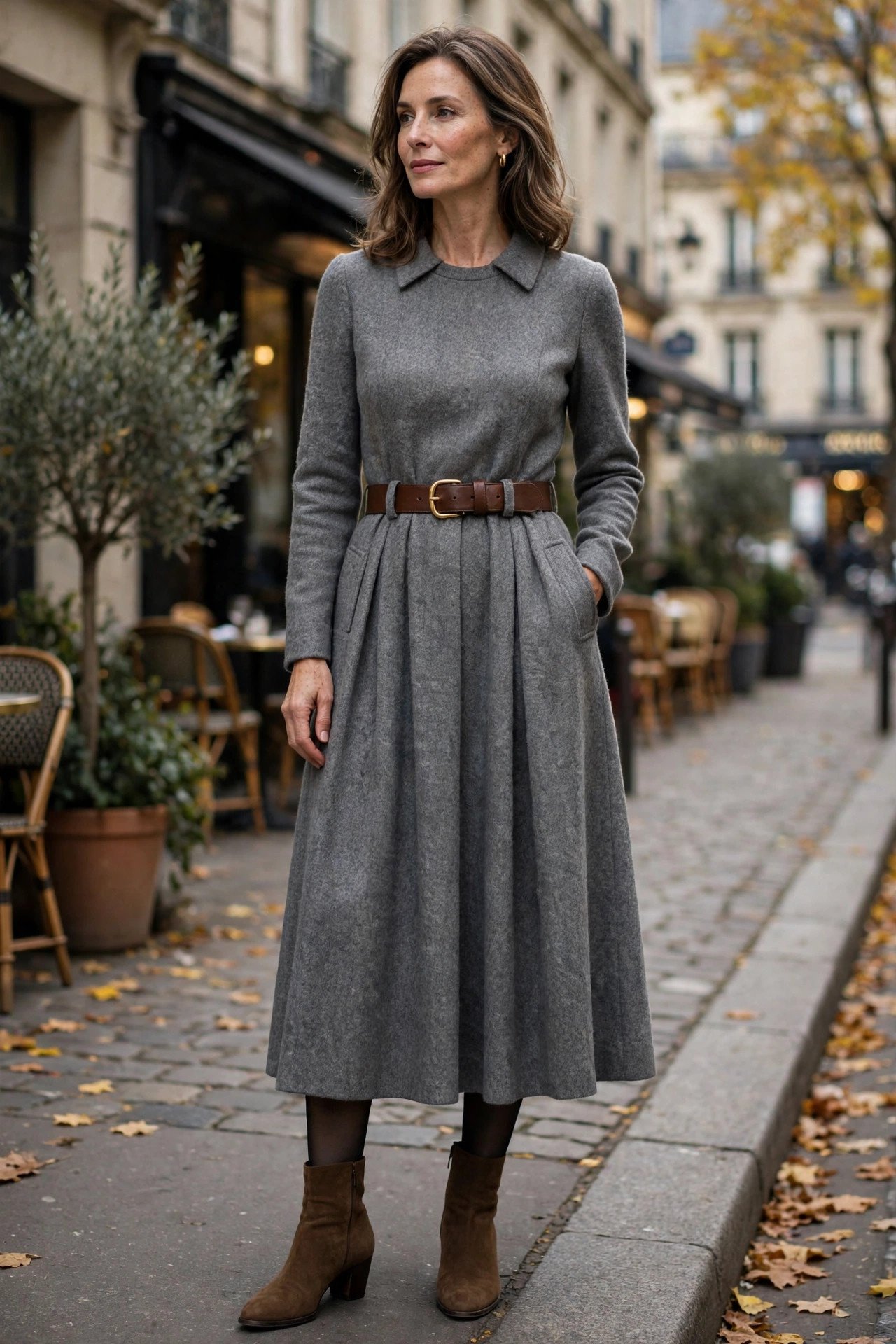 Woman over 40 in belted wool midi dress