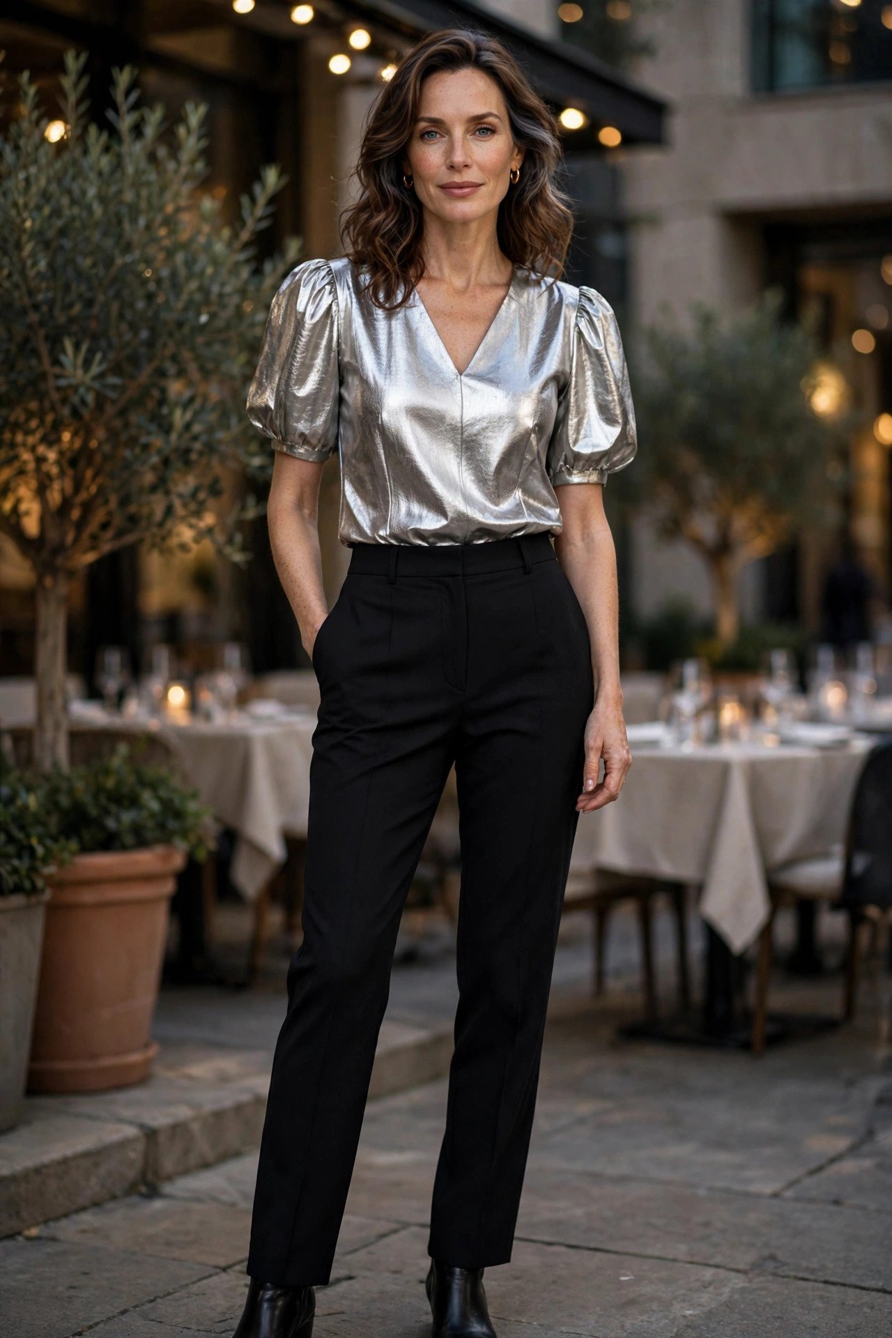 Woman over 40 in metallic top and black pants
